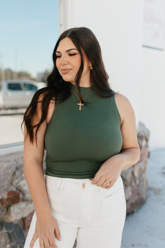 Essential Layers Seamless Mock Neck Tank In Dark Olive