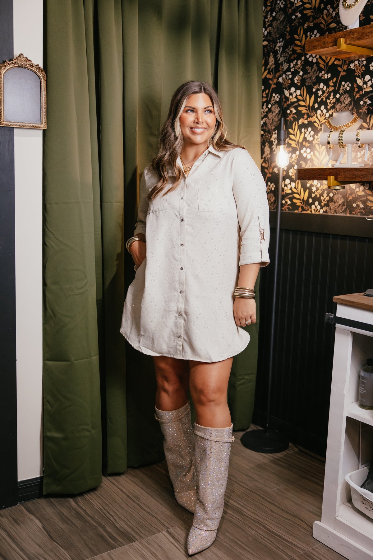 Guest List Dress in natural by Spin USA, boxy mini shirt dress with rhinestone diamond pattern