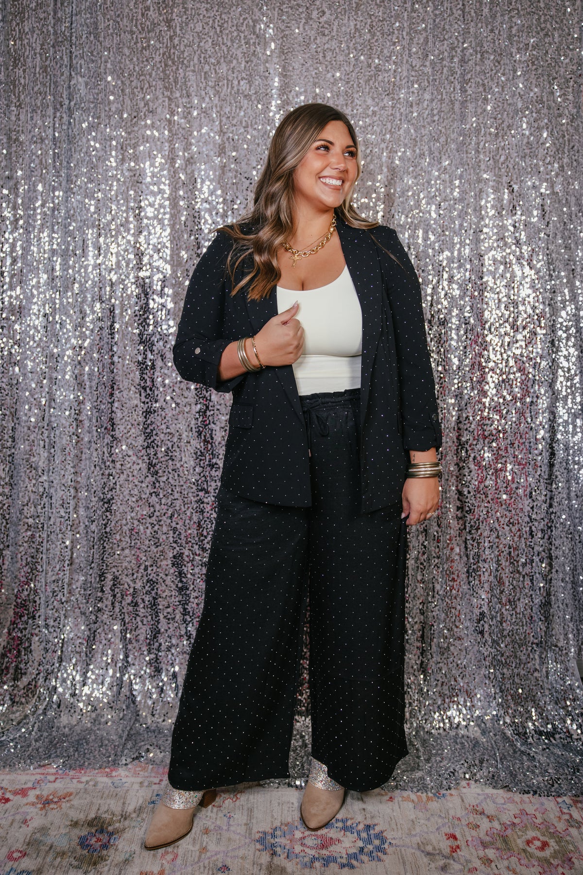 Center Stage Pants in black by Spin USA, wide-leg palazzo pants with mini white polka dots