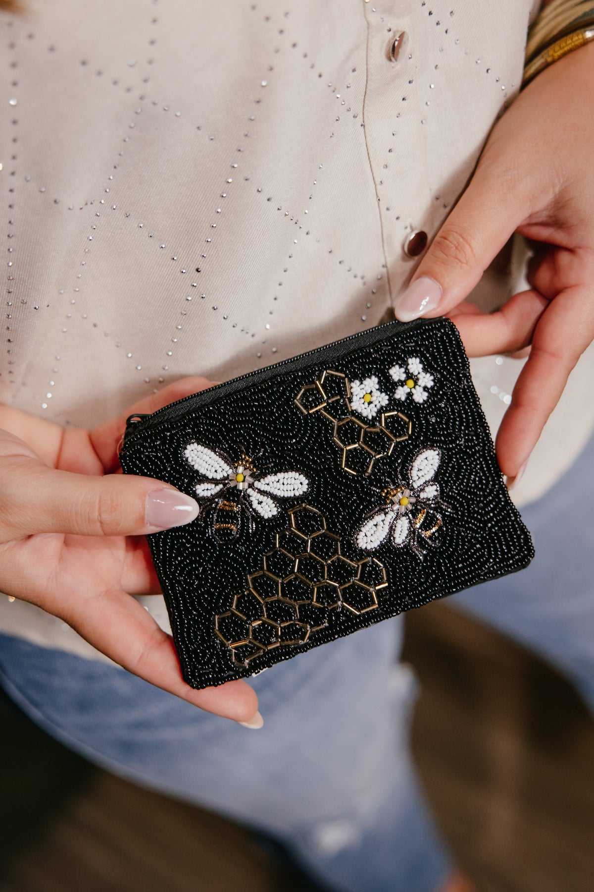 Bee With Floral Beaded Coin Bag