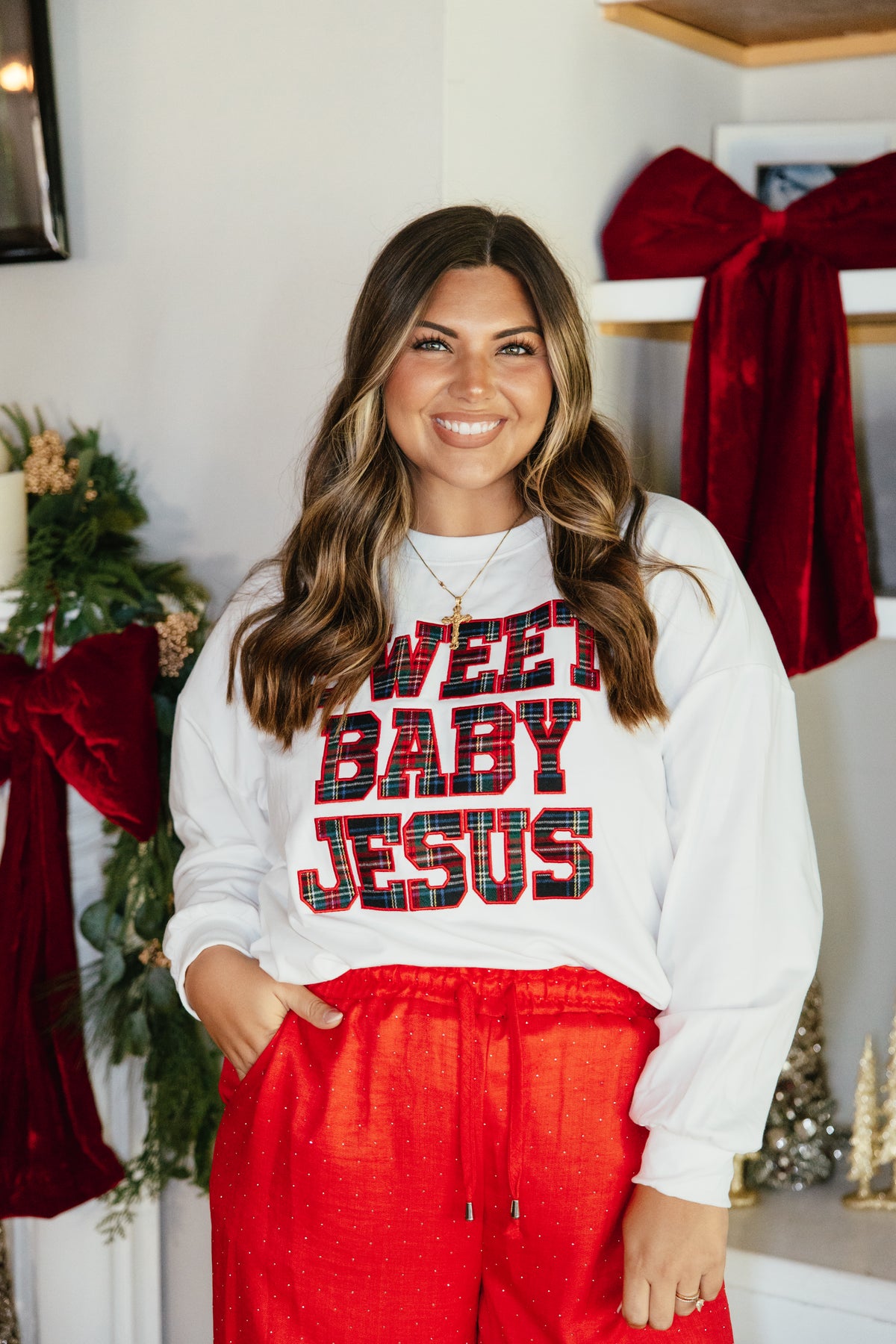 Reason For The Season Top by Grace + Emma, white sweatshirt with red tartan plaid Sweet Baby Jesus lettering