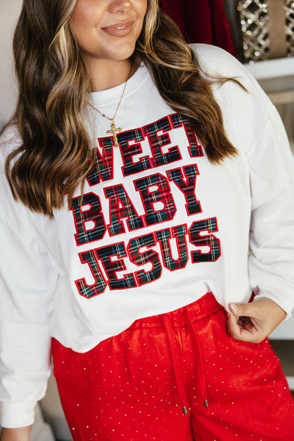 Reason For The Season Top by Grace + Emma, white sweatshirt with red tartan plaid Sweet Baby Jesus lettering