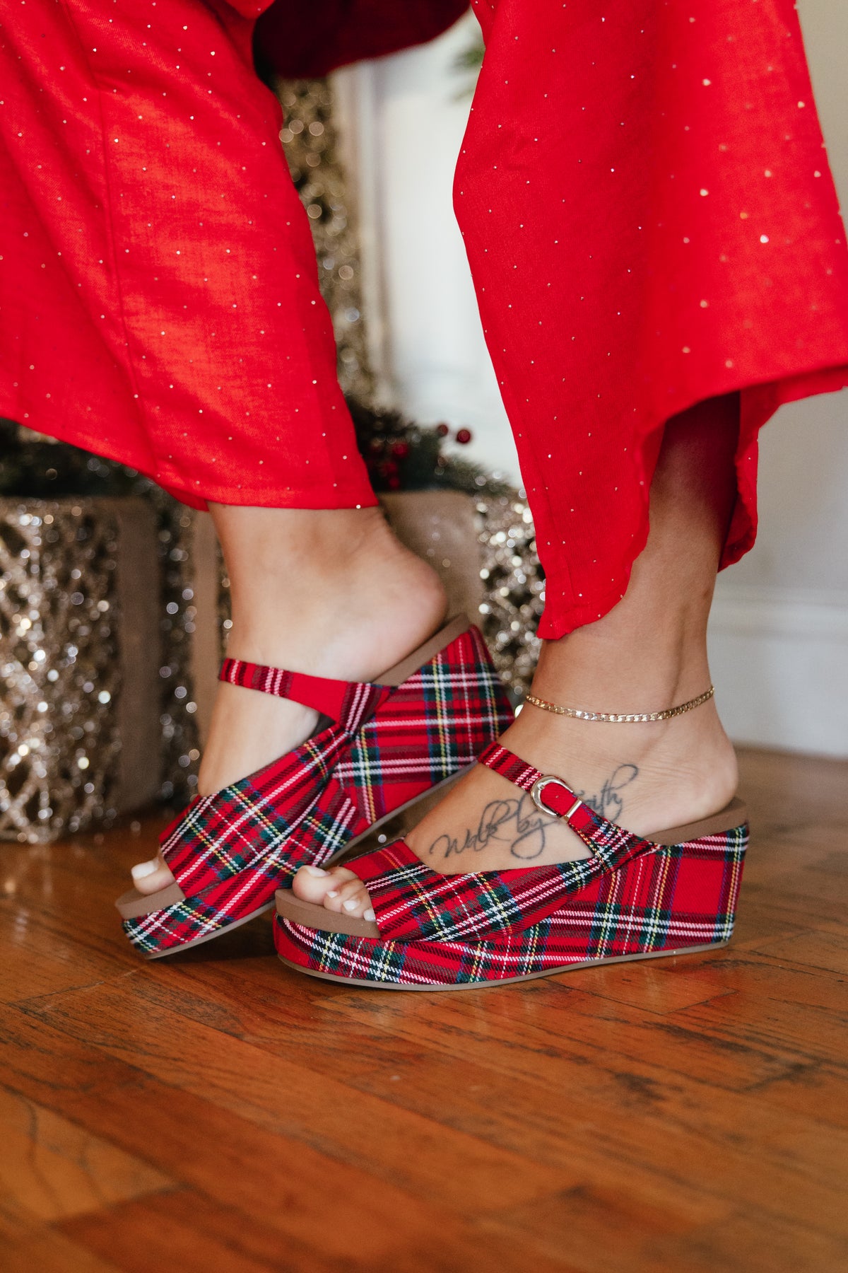 Corkys Red Plaid Treat Yourself Wedges, red tartan platform wedge sandals with buckle ankle strap