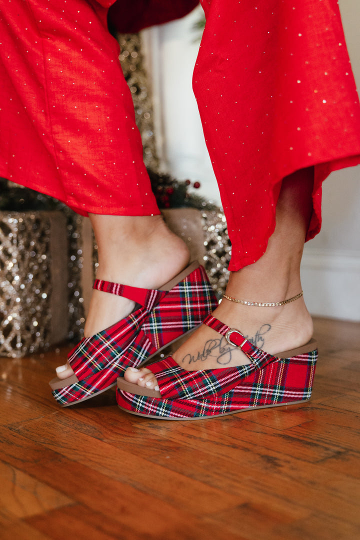Corkys Red Plaid Treat Yourself Wedges, red tartan platform wedge sandals with buckle ankle strap