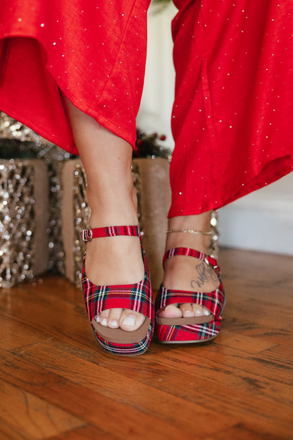 Corkys Red Plaid Treat Yourself Wedges, red tartan platform wedge sandals with buckle ankle strap