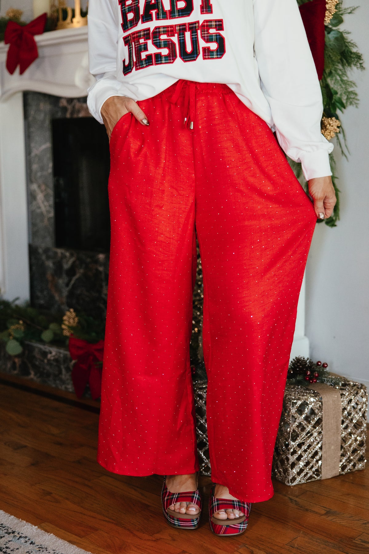 Center Stage Pants in red by Spin USA, wide-leg palazzo pants with scattered rhinestones
