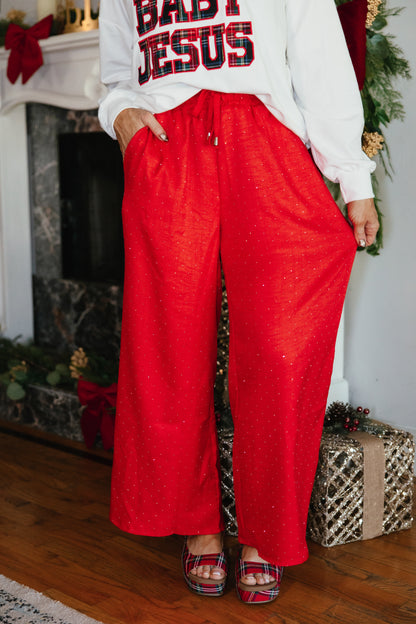 Center Stage Pants in red by Spin USA, wide-leg palazzo pants with scattered rhinestones