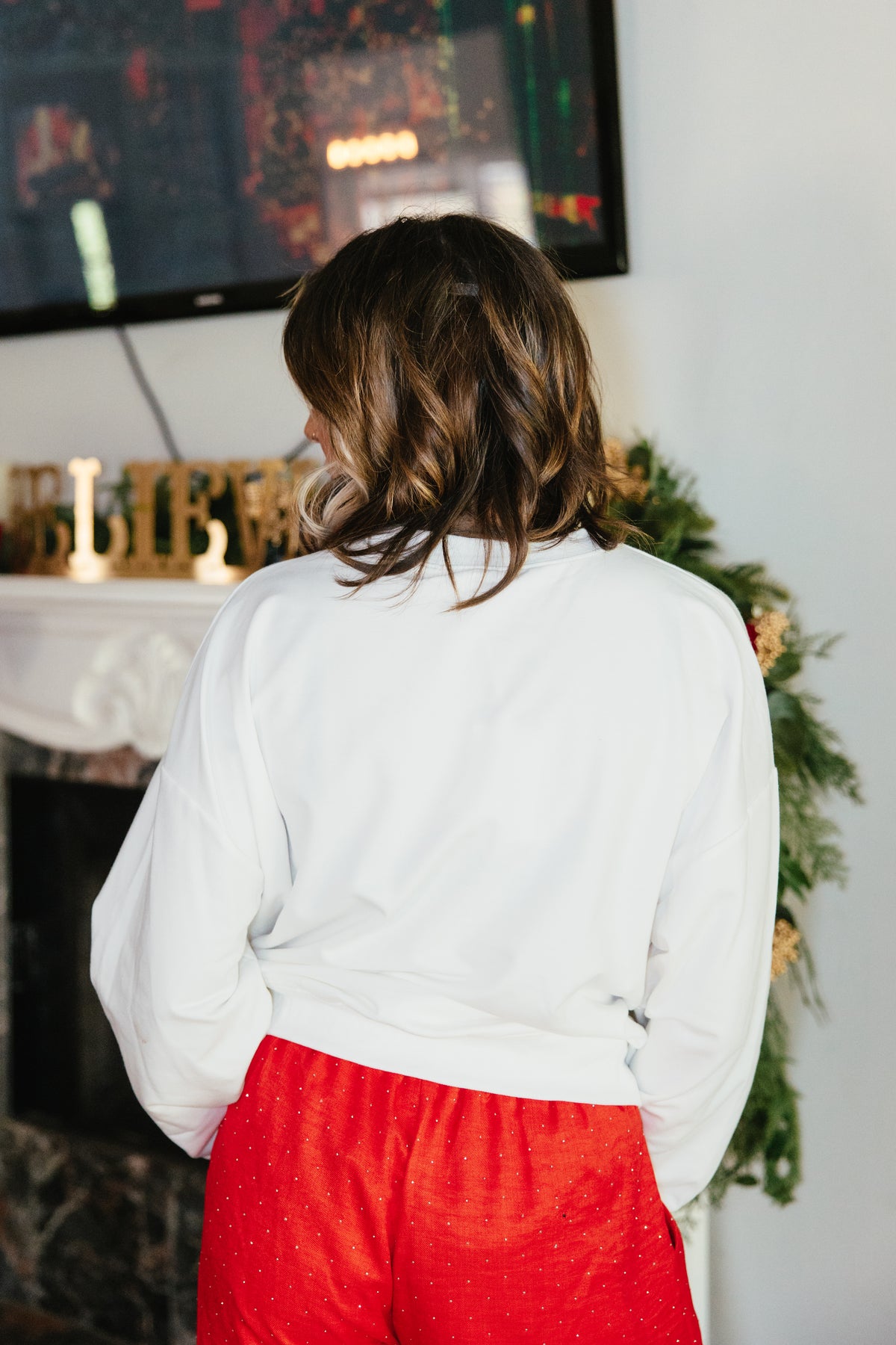 Reason For The Season Top by Grace + Emma, white sweatshirt with red tartan plaid Sweet Baby Jesus lettering