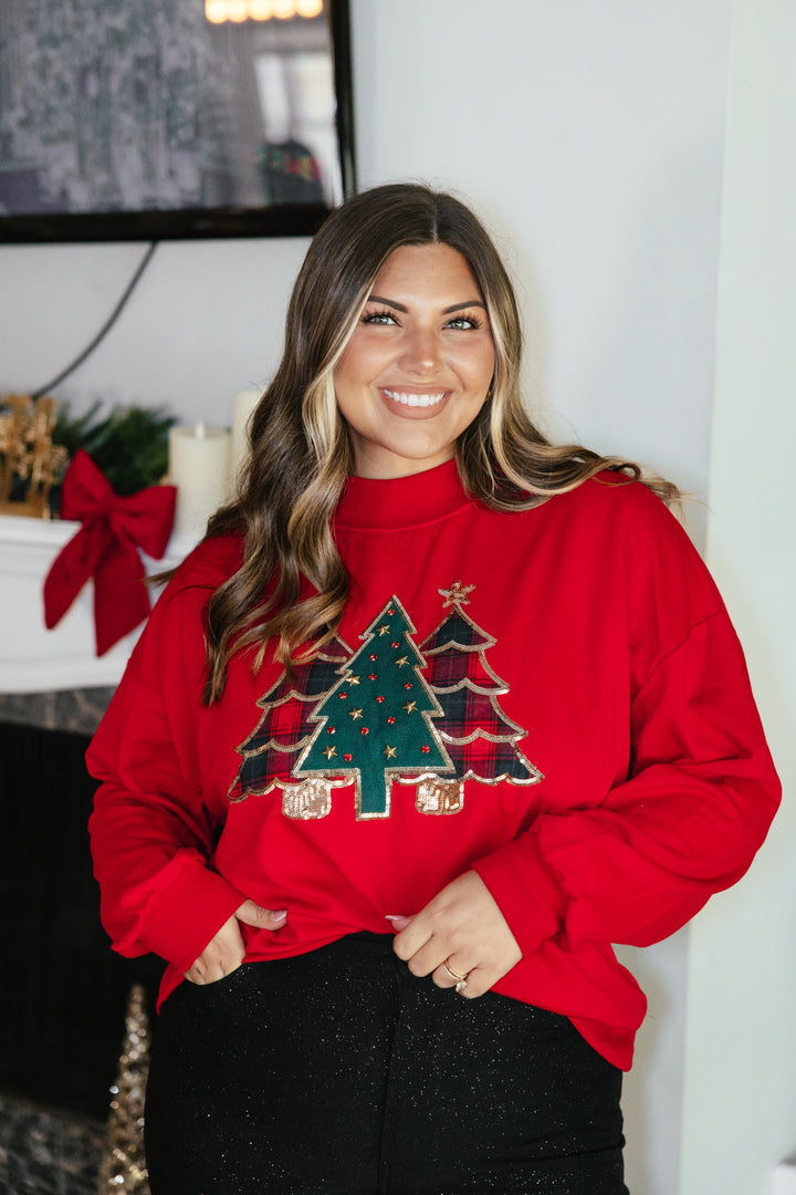 Classic Christmas Pullover by Grace + Emma, red sweatshirt with sequin-trimmed plaid Christmas tree appliqués