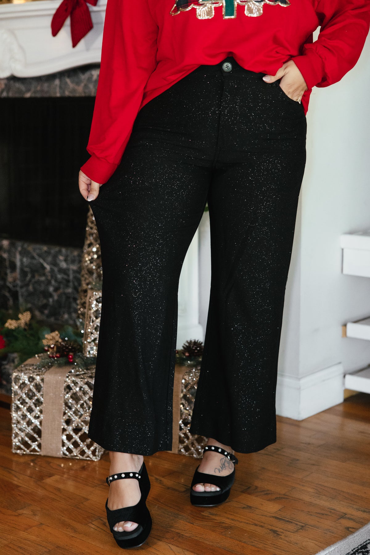 A Little Spark Pants by Umgee, wide-leg cropped pants with all-over metallic glitter shimmer