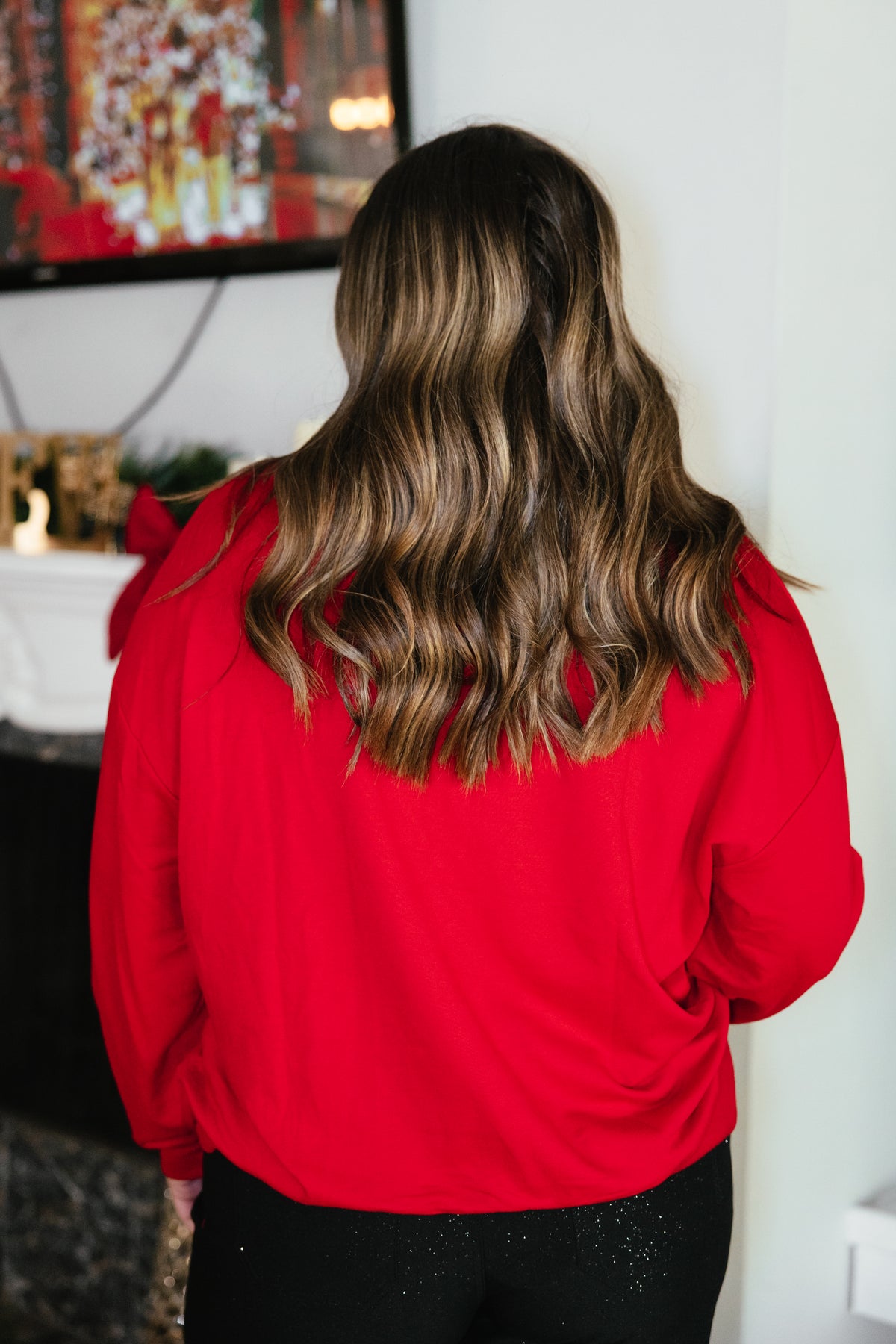 Classic Christmas Pullover by Grace + Emma, red sweatshirt with sequin-trimmed plaid Christmas tree appliqués