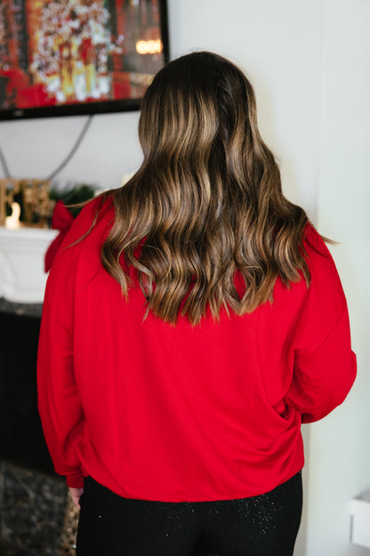Classic Christmas Pullover by Grace + Emma, red sweatshirt with sequin-trimmed plaid Christmas tree appliqués