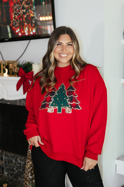 Classic Christmas Pullover by Grace + Emma, red sweatshirt with sequin-trimmed plaid Christmas tree appliqués
