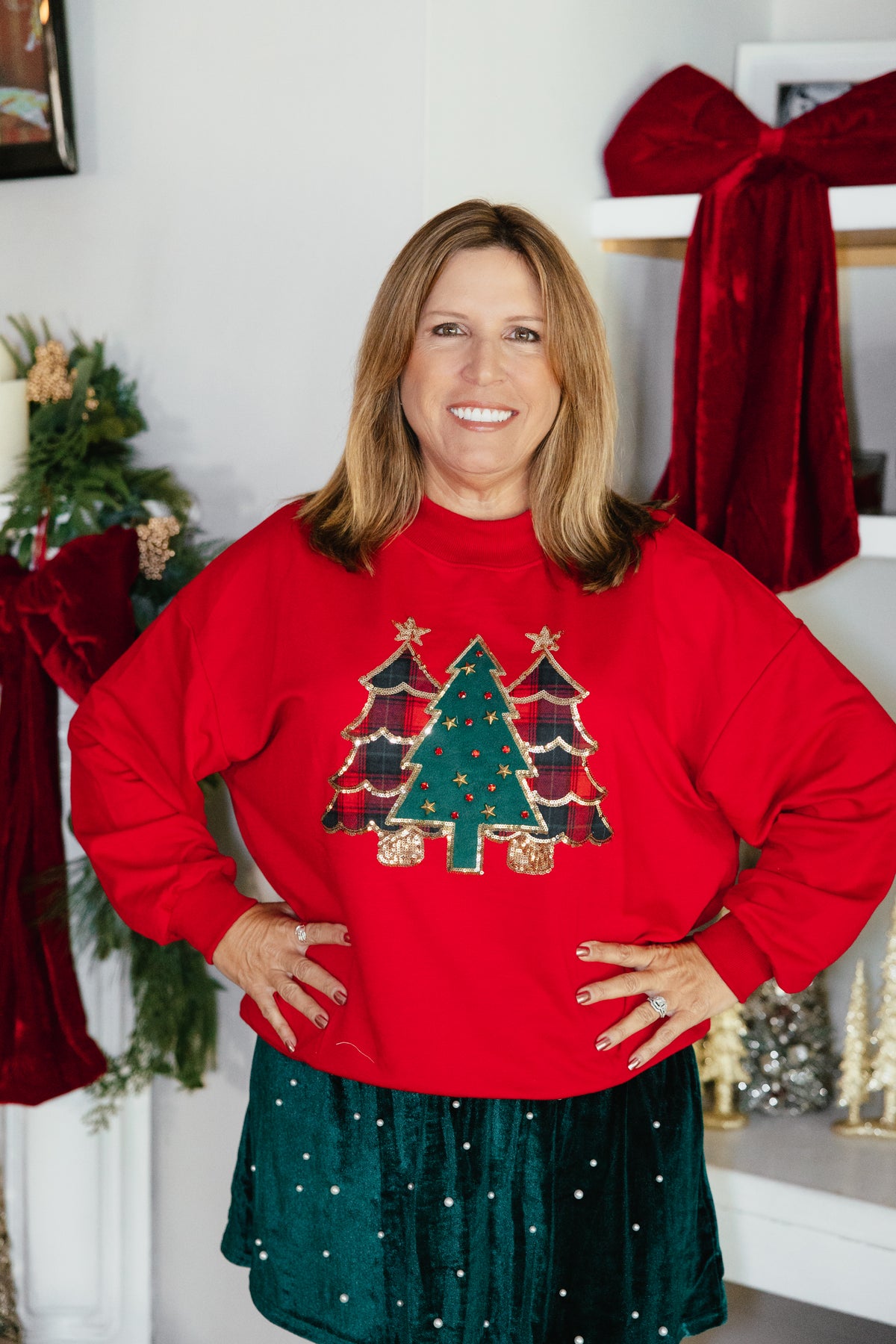 Classic Christmas Pullover by Grace + Emma, red sweatshirt with sequin-trimmed plaid Christmas tree appliqués