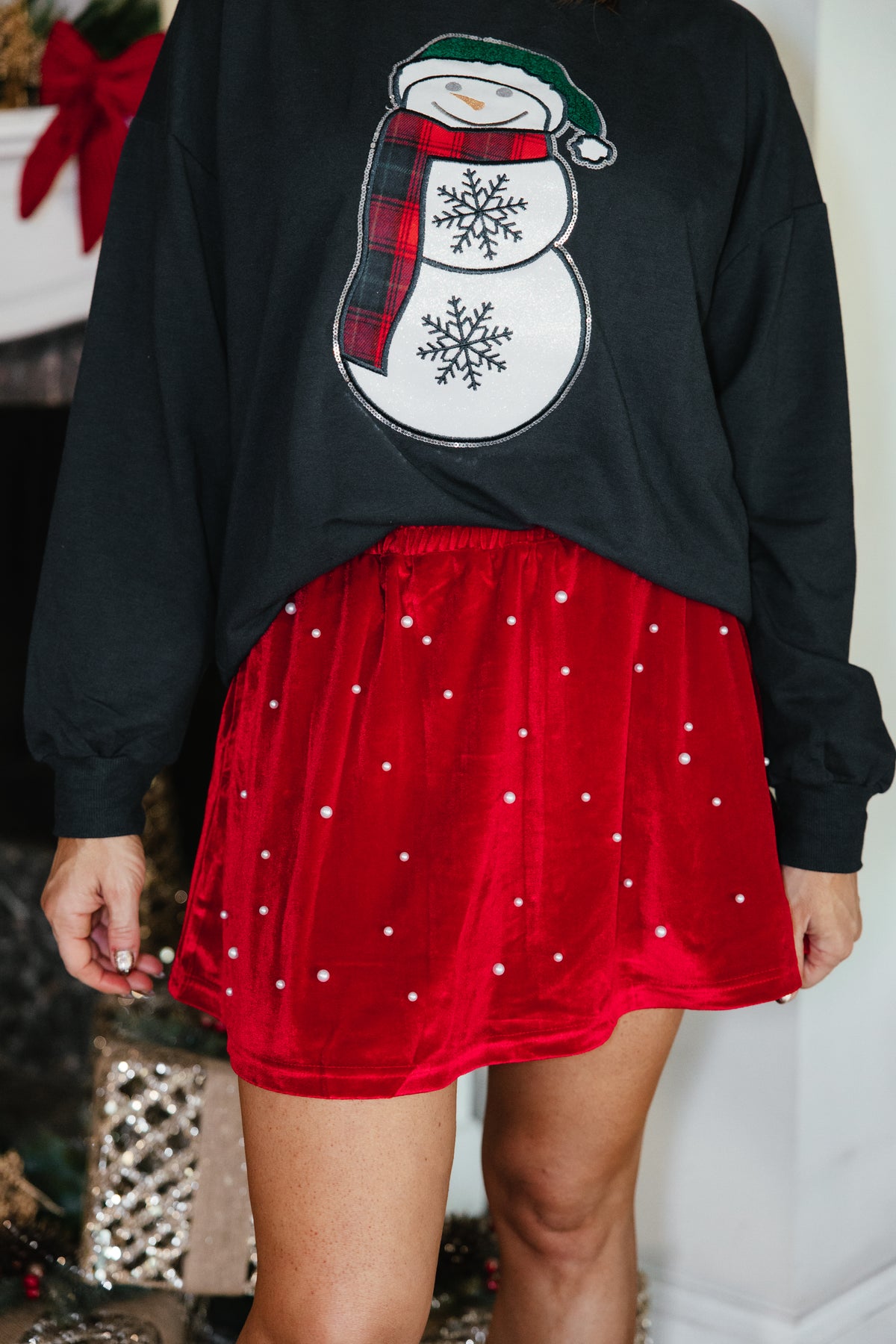 Merry Little Moments Skort in red velvet with scattered pearl embellishments by Grace + Emma