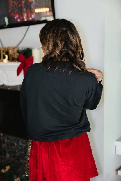 Winter Wonderland Pullover by Grace + Emma, mock-neck sweatshirt with a chenille snowman in a plaid scarf