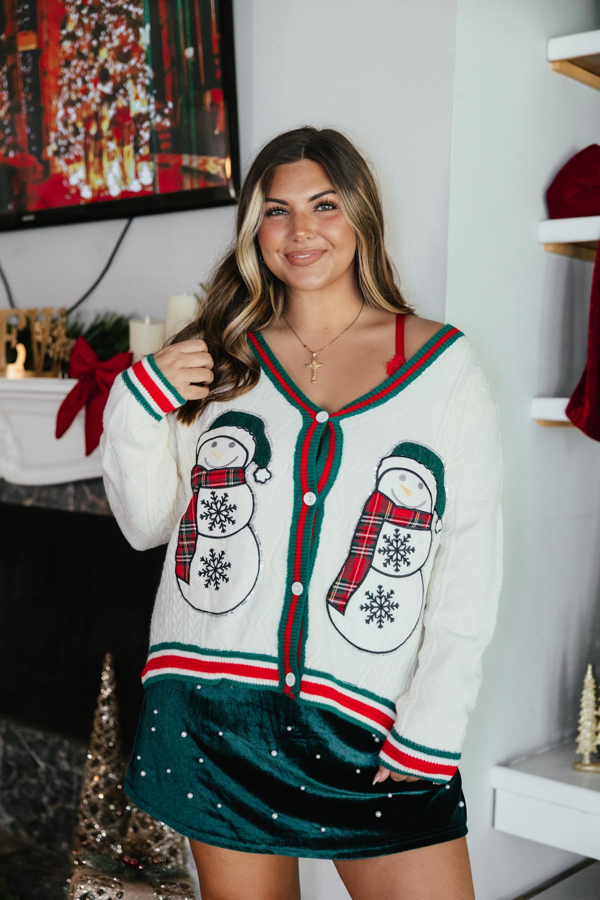 Snow Much Fun Cardigan by Grace + Emma, cable-knit cardigan with snowman embroidery and candy-cane trim