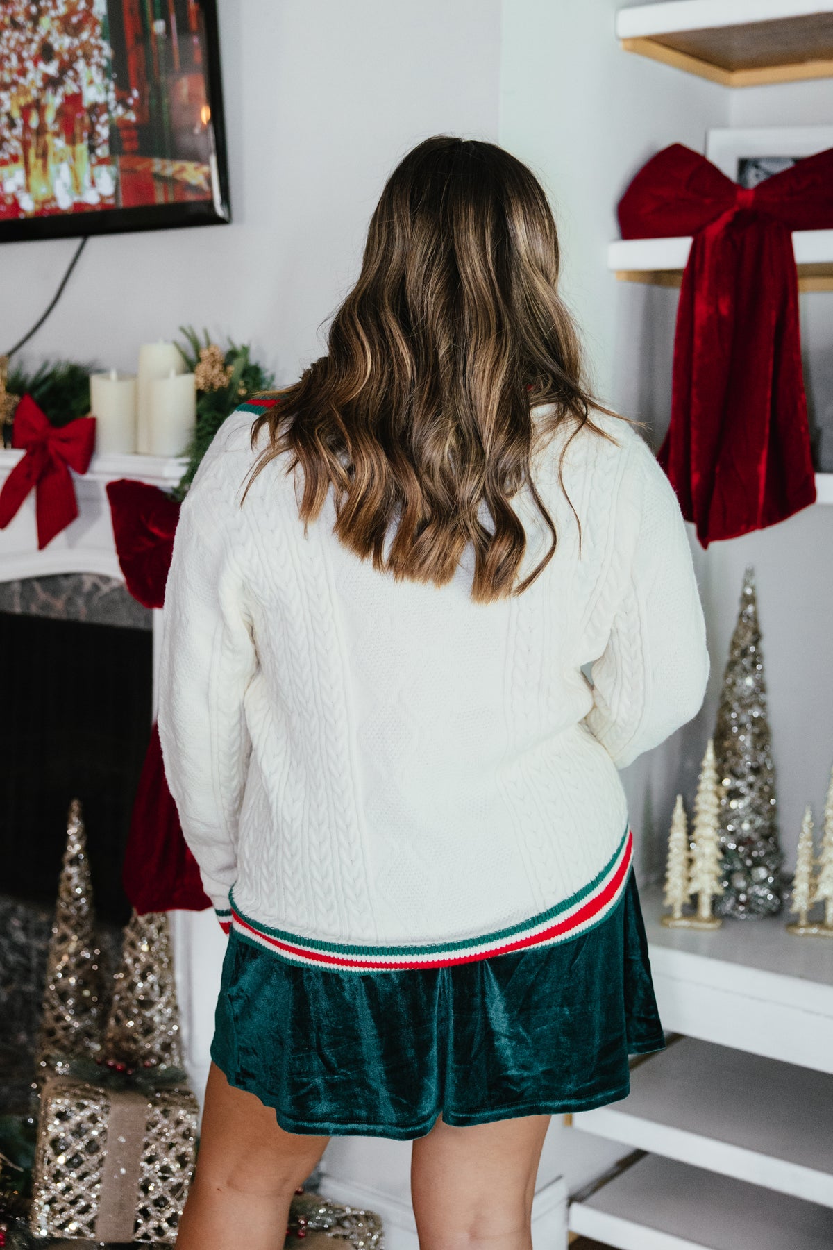 Snow Much Fun Cardigan by Grace + Emma, cable-knit cardigan with snowman embroidery and candy-cane trim