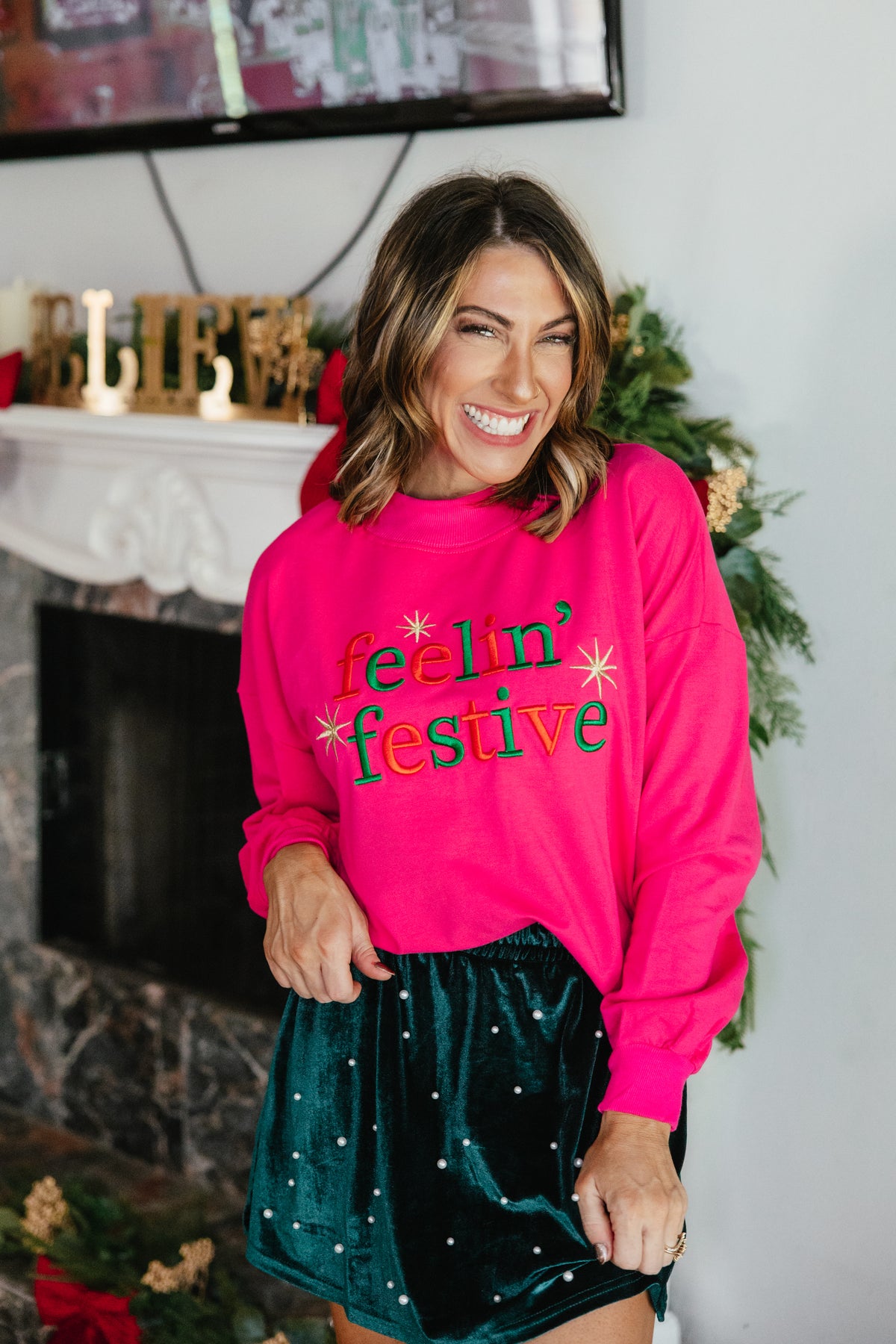 Always Festive Pullover by Grace + Emma, hot pink sweatshirt embroidered with feelin' festive