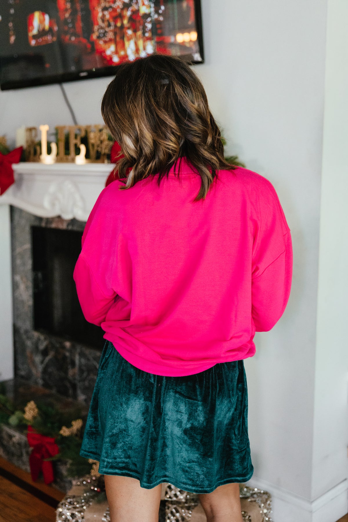 Always Festive Pullover by Grace + Emma, hot pink sweatshirt embroidered with feelin' festive