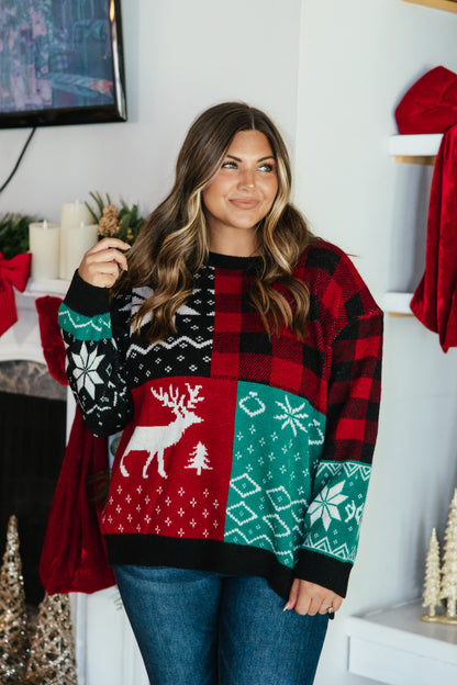 Merry Mashup Sweater by Grace + Emma, patchwork Christmas sweater with Fair Isle, reindeer, and buffalo plaid