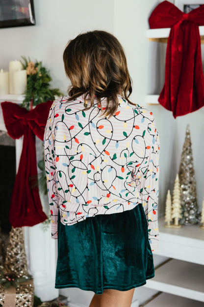 Festive Kathryn Button Up Top in Christmas lights print by Grace + Emma