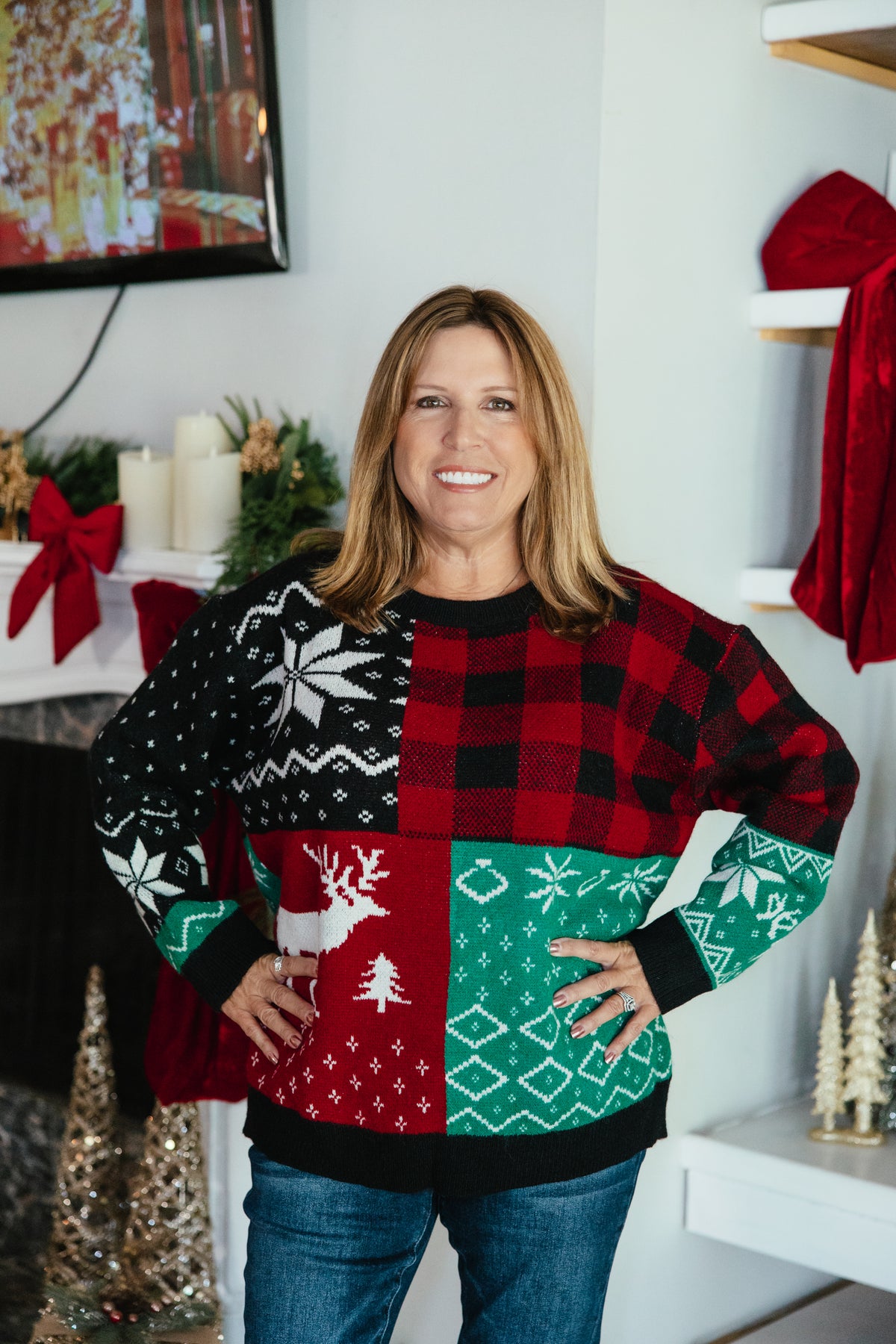 Merry Mashup Sweater by Grace + Emma, patchwork Christmas sweater with Fair Isle, reindeer, and buffalo plaid