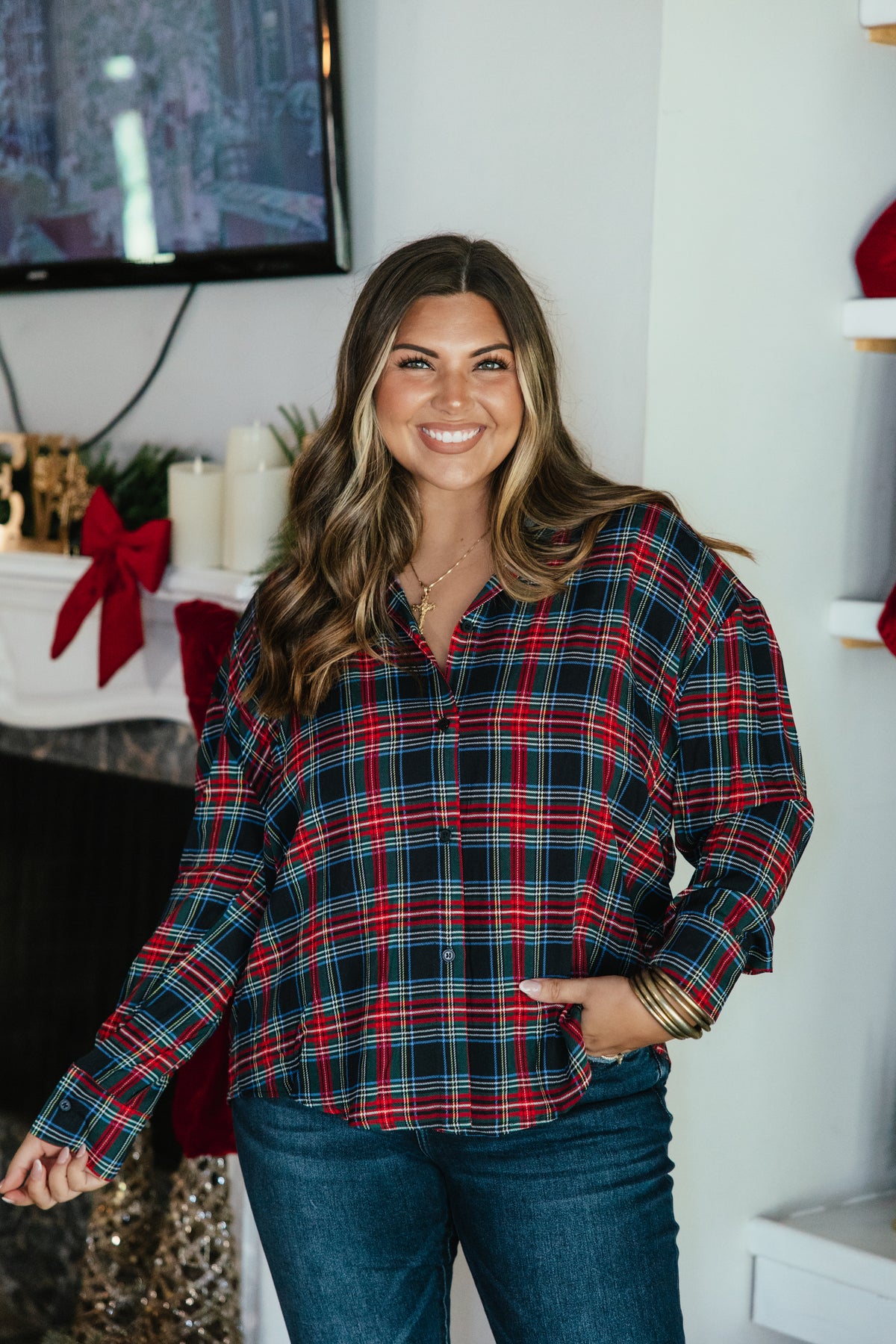 Festive Kathryn Button Up Top in red tartan plaid by Grace + Emma