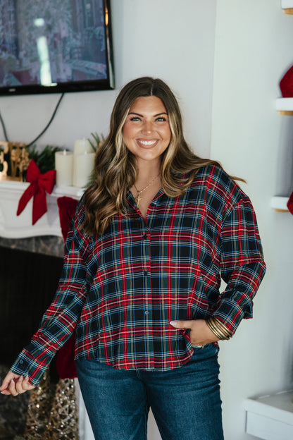 Festive Kathryn Button Up Top in red tartan plaid by Grace + Emma