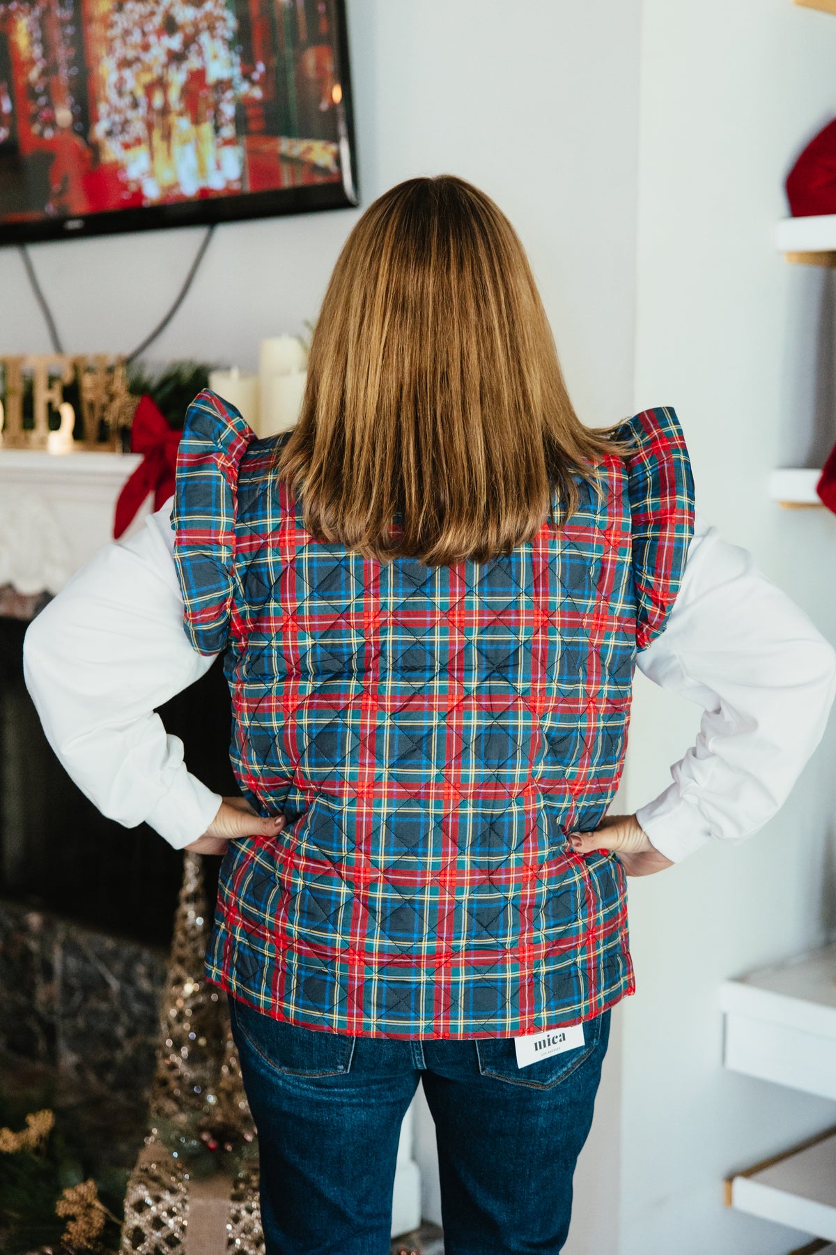 Holiday Social Vest by Grace + Emma, quilted tartan plaid vest with ruffle shoulders and mock neck