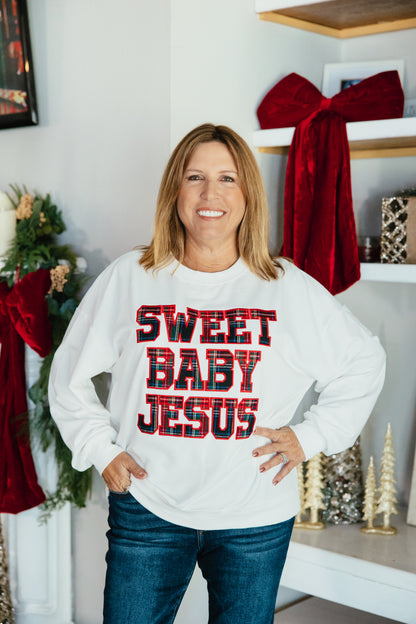 Reason For The Season Top by Grace + Emma, white sweatshirt with red tartan plaid Sweet Baby Jesus lettering