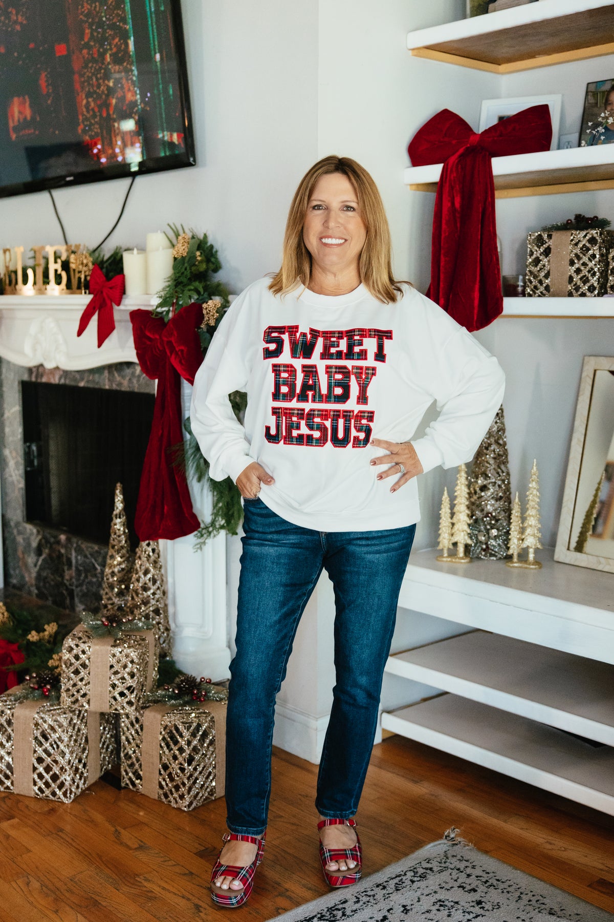 Reason For The Season Top by Grace + Emma, white sweatshirt with red tartan plaid Sweet Baby Jesus lettering
