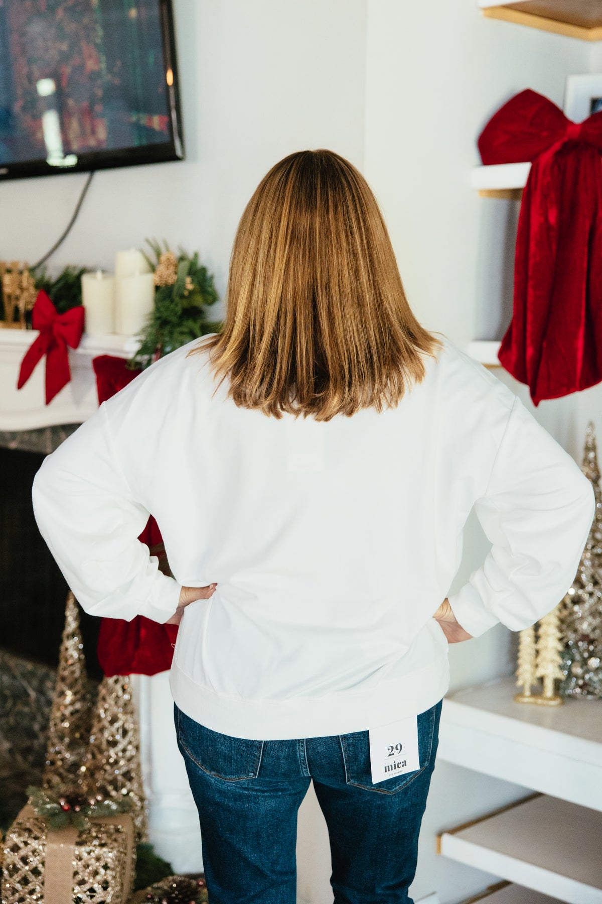 Reason For The Season Top by Grace + Emma, white sweatshirt with red tartan plaid Sweet Baby Jesus lettering