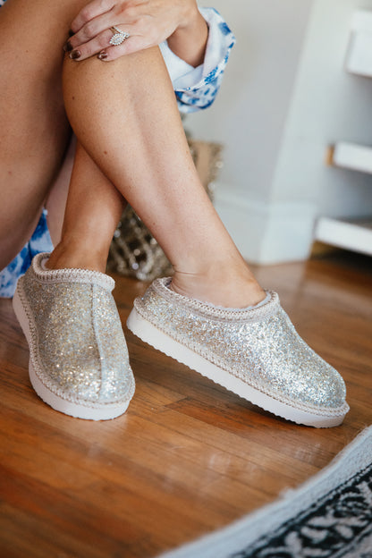 Very G Champagne Georgina Glitter Shoes, champagne glitter slip-on mules with faux fur lining