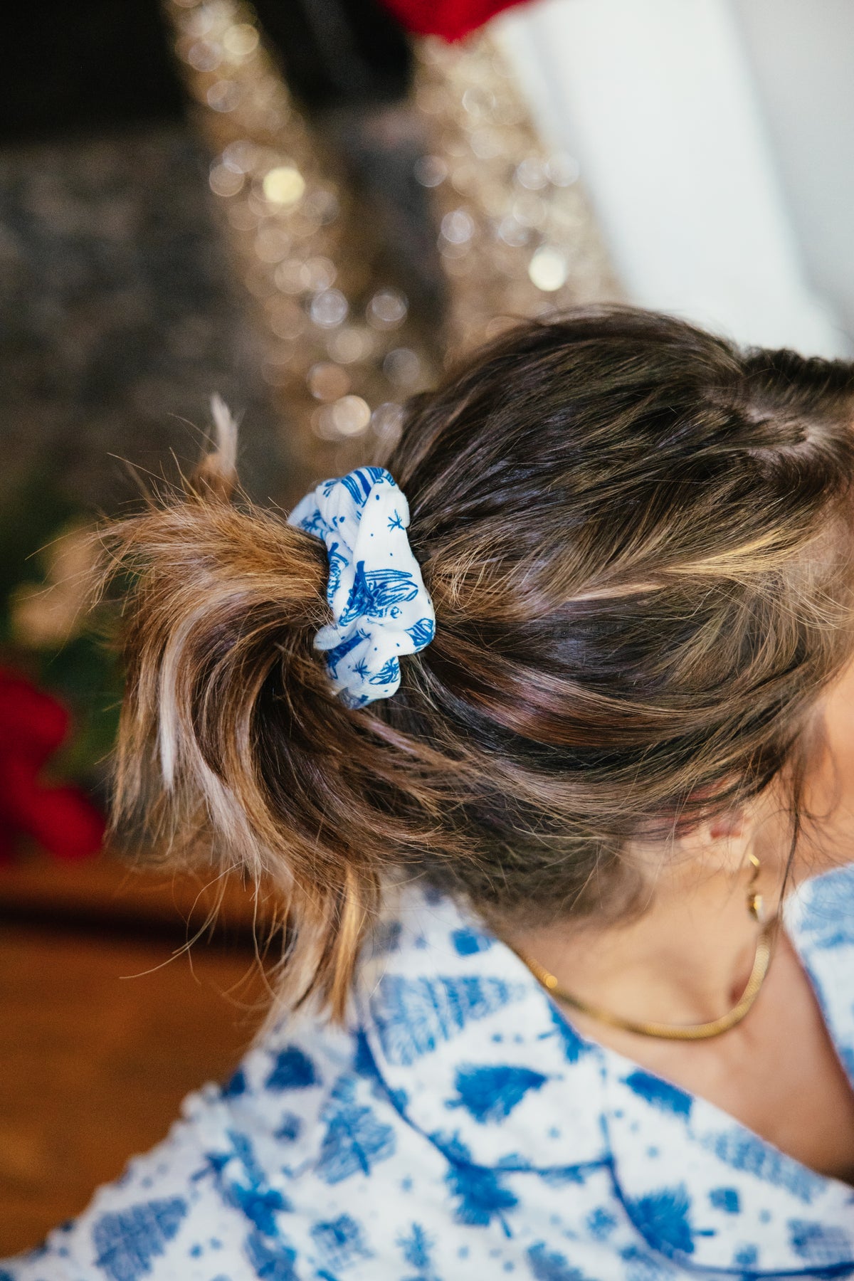 Under The Tree Lounge Set by Grace + Emma, blue and white Christmas tree print pajama top and shorts