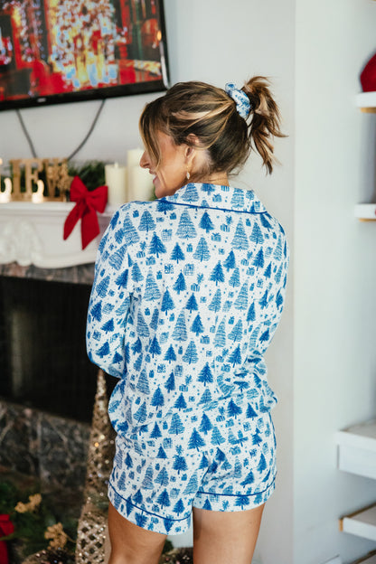 Under The Tree Lounge Set by Grace + Emma, blue and white Christmas tree print pajama top and shorts