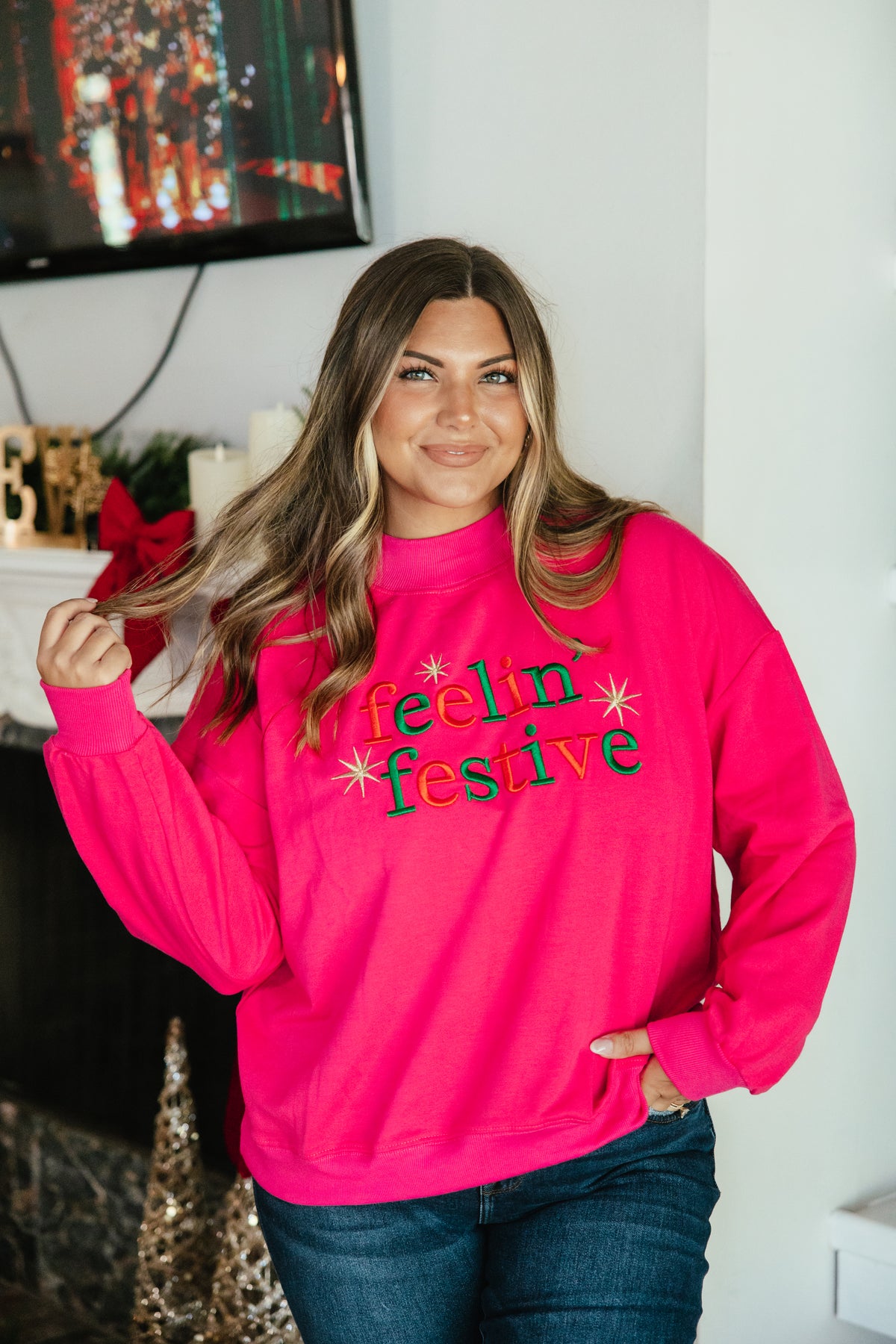 Always Festive Pullover by Grace + Emma, hot pink sweatshirt embroidered with feelin' festive