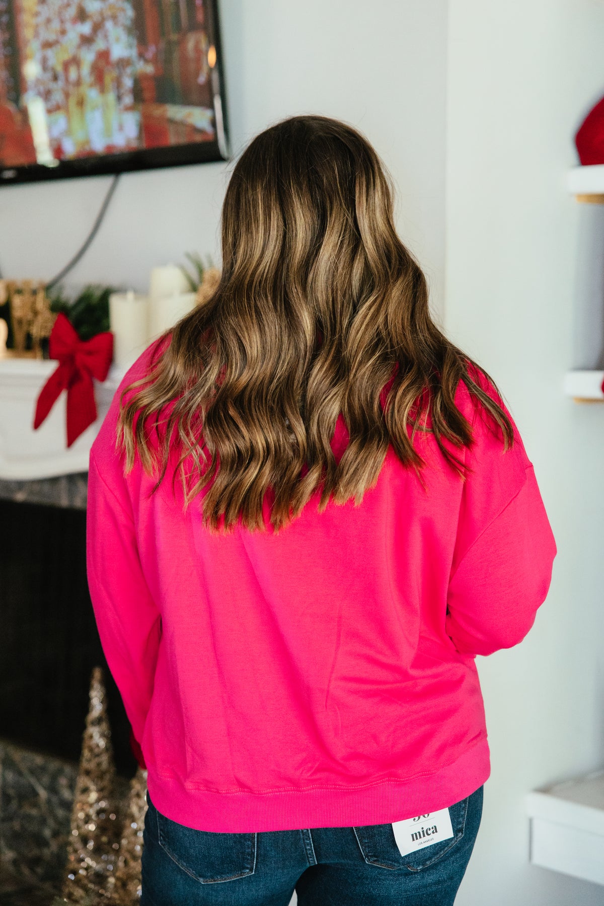 Always Festive Pullover by Grace + Emma, hot pink sweatshirt embroidered with feelin' festive