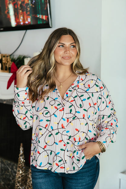 Festive Kathryn Button Up Top in Christmas lights print by Grace + Emma