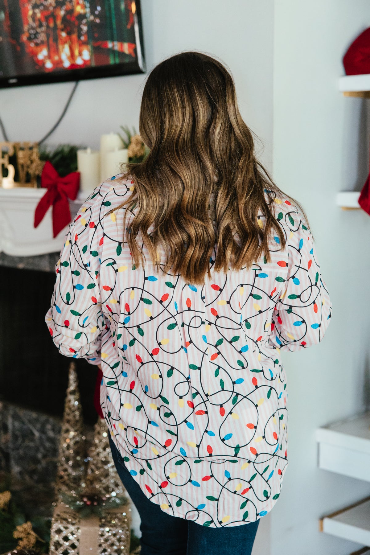 Festive Kathryn Button Up Top in Christmas lights print by Grace + Emma