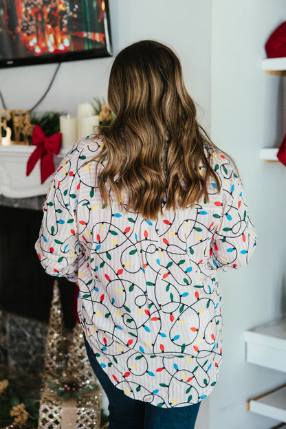 Festive Kathryn Button Up Top in Christmas lights print by Grace + Emma