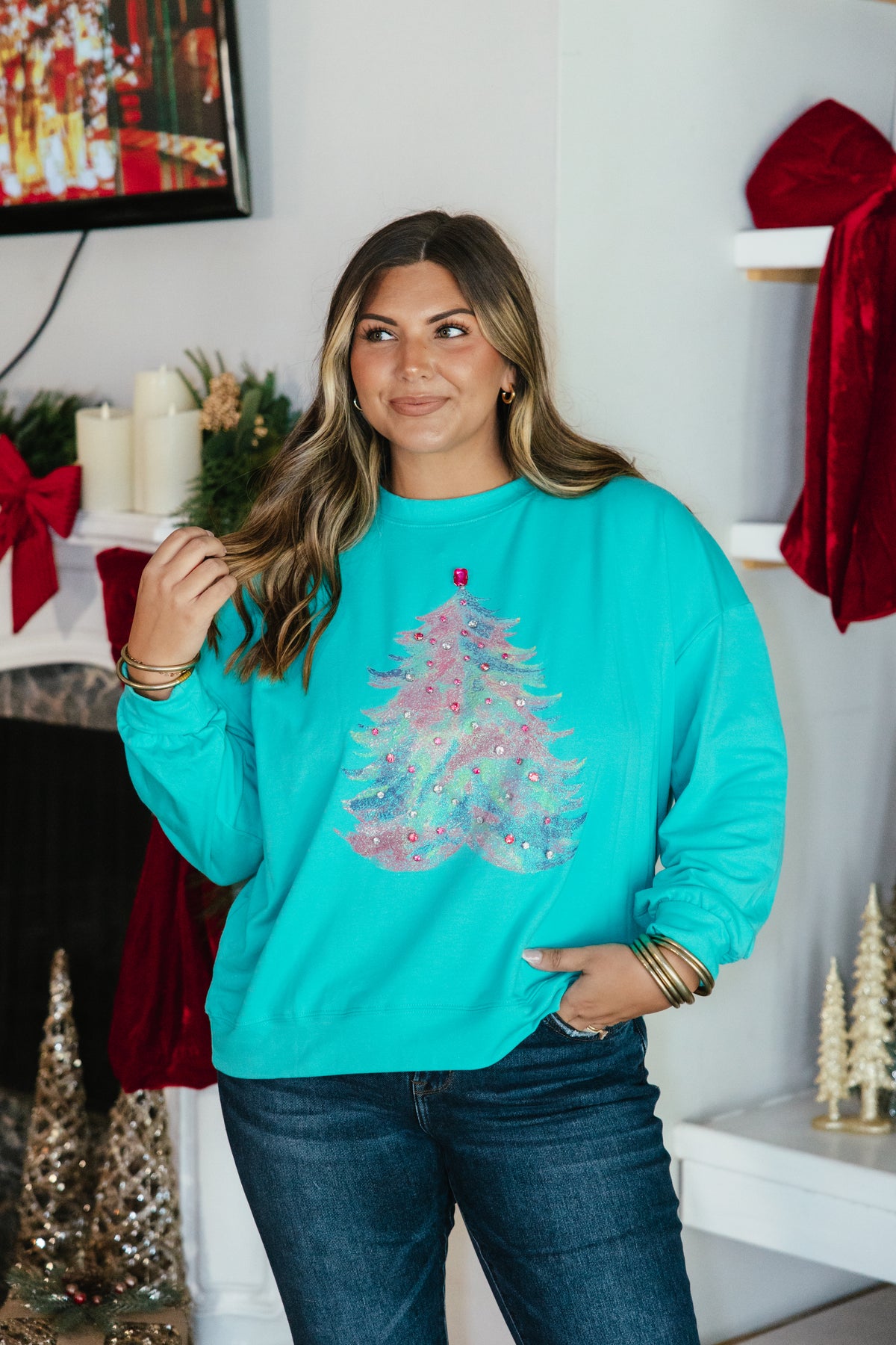 Spruced Up Top by Grace + Emma, Christmas tree sweatshirt embellished with multicolor sequins and rhinestones