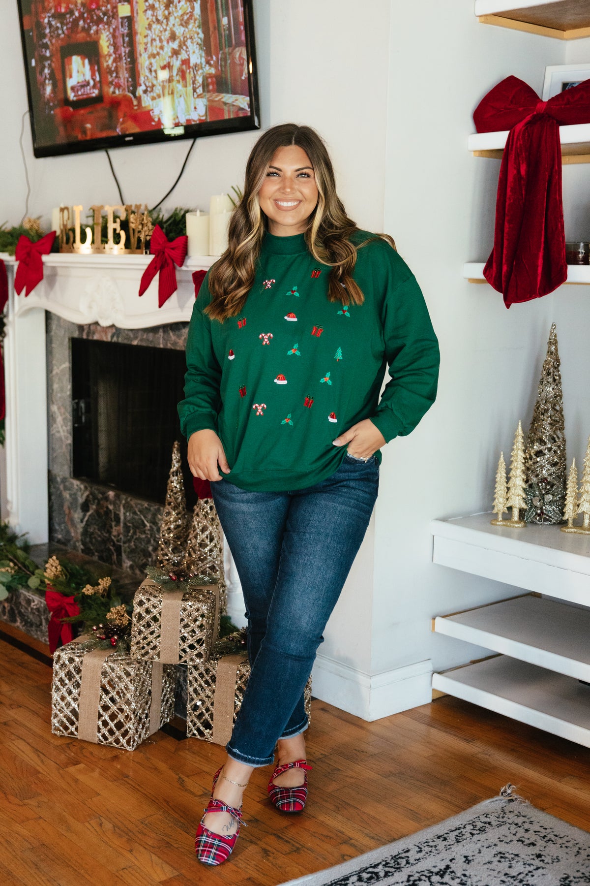 All Things Christmas Pullover by Grace + Emma, mock-neck sweatshirt with all-over embroidered holiday icons