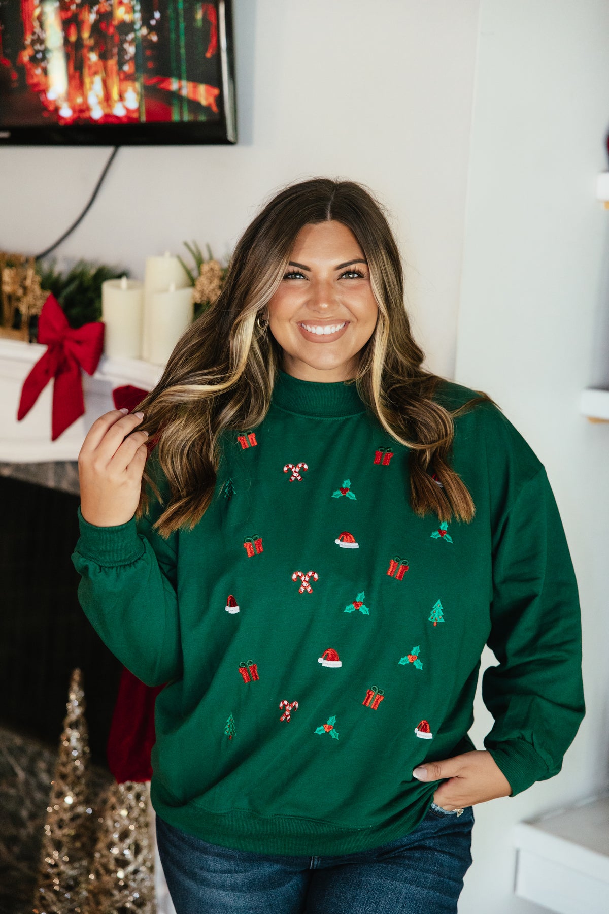 All Things Christmas Pullover by Grace + Emma, mock-neck sweatshirt with all-over embroidered holiday icons