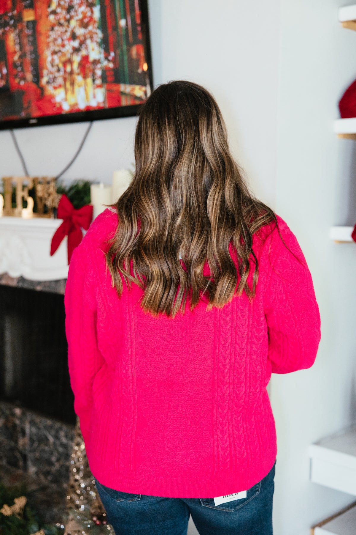 Sweetest Christmas Cardigan by Grace + Emma, hot pink cable-knit cardigan with sequin candy canes and bows