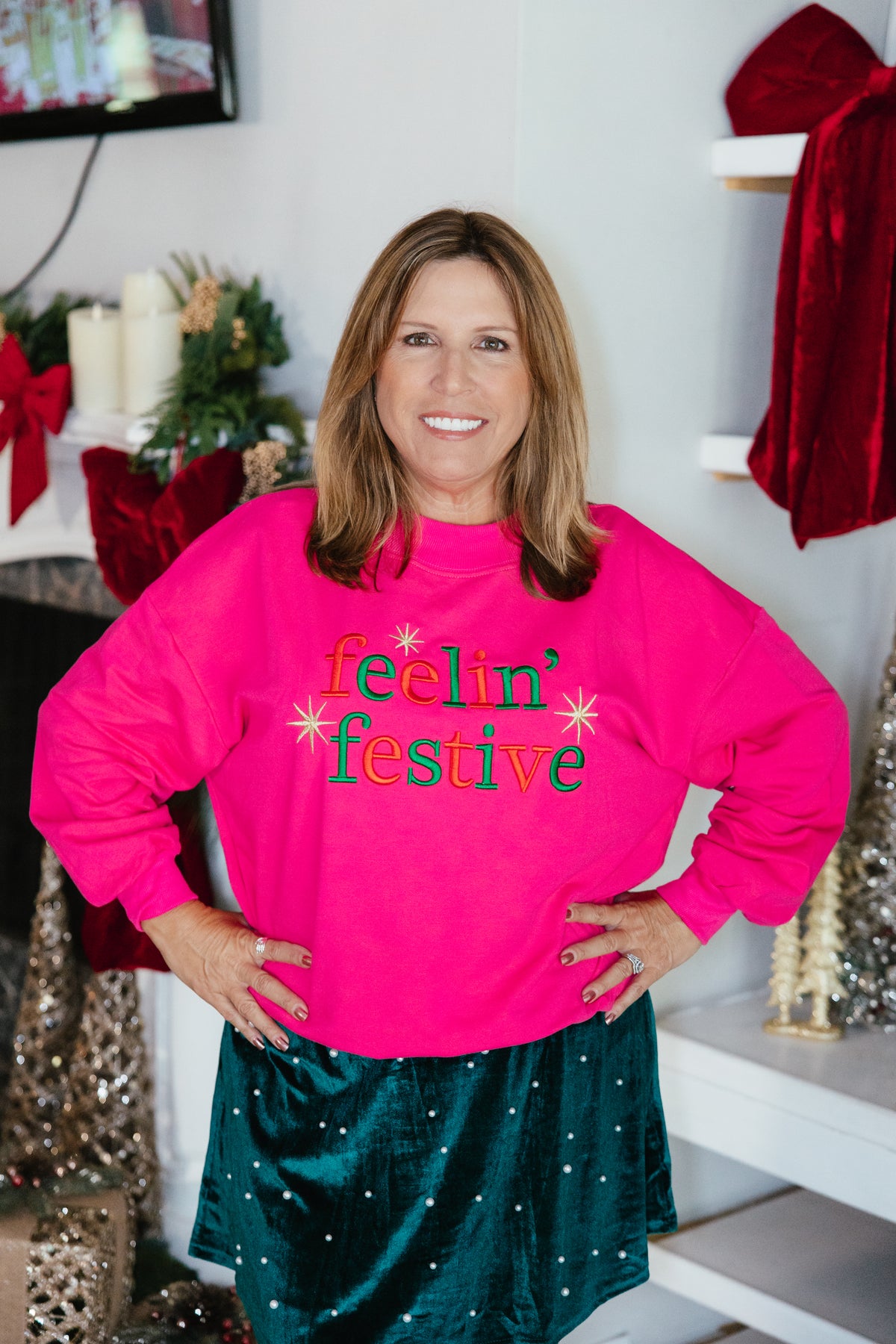 Always Festive Pullover by Grace + Emma, hot pink sweatshirt embroidered with feelin' festive