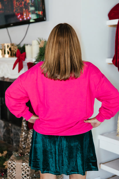 Always Festive Pullover by Grace + Emma, hot pink sweatshirt embroidered with feelin' festive