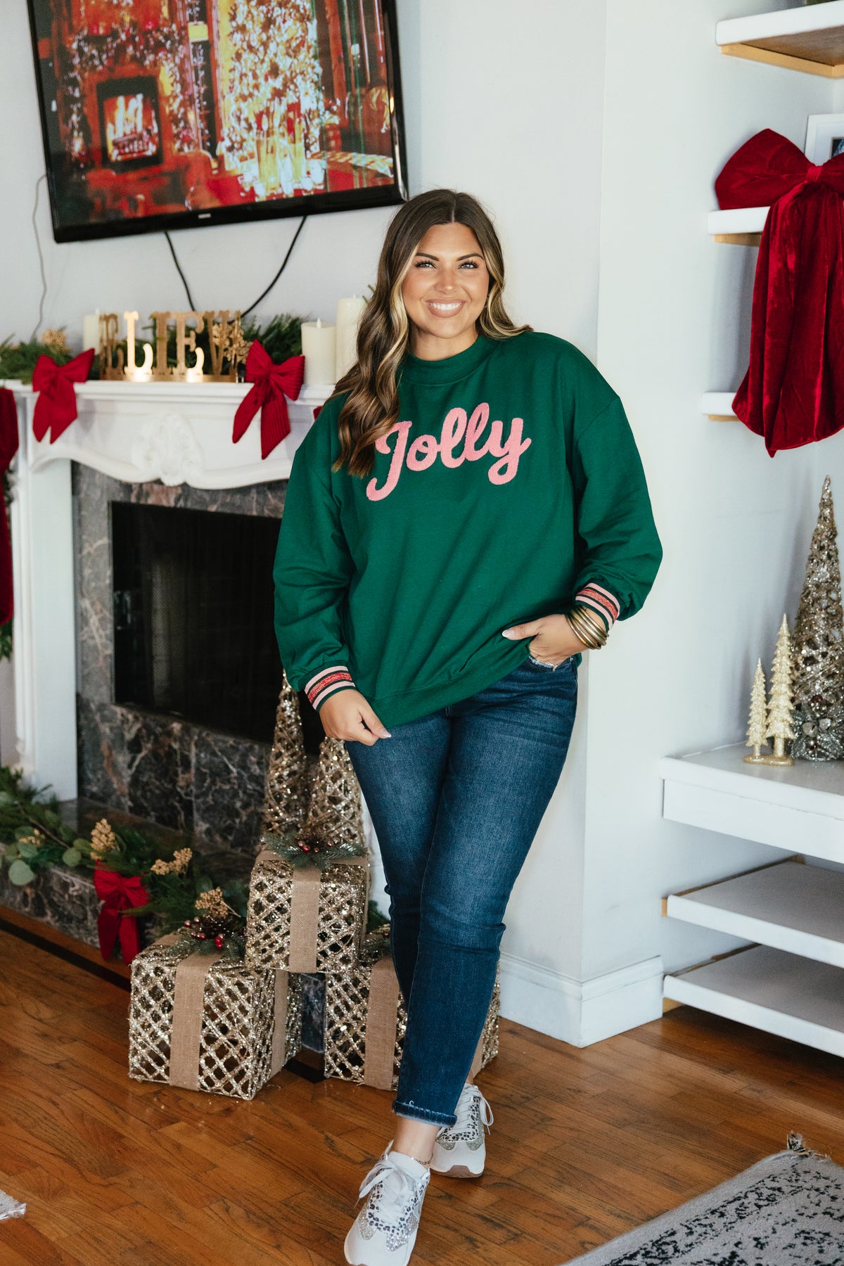 Jolly & Bright Pullover by Grace + Emma, forest green sweatshirt with a pink chenille Jolly patch