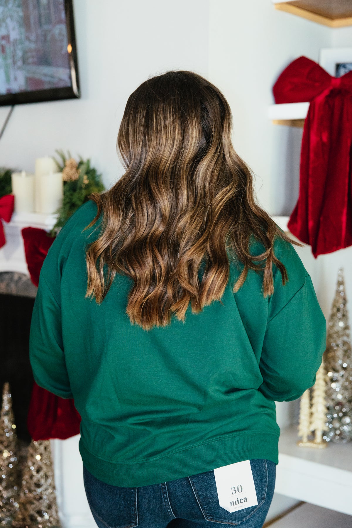 Jolly & Bright Pullover by Grace + Emma, forest green sweatshirt with a pink chenille Jolly patch
