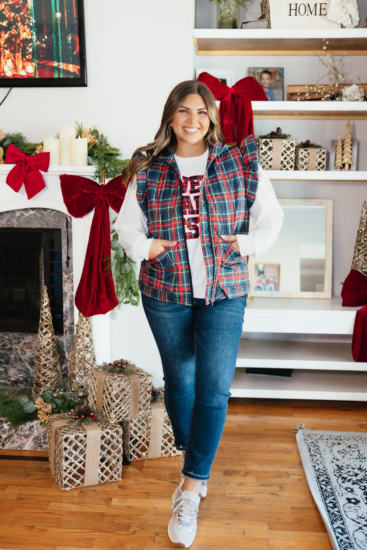 Holiday Social Vest by Grace + Emma, quilted tartan plaid vest with ruffle shoulders and mock neck